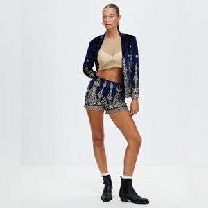 Embroidered High Waist Shorts in Navy Blue